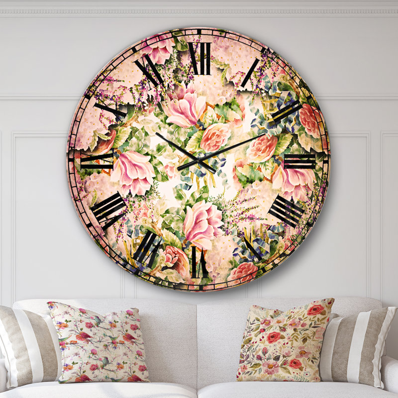 Motif de fleurs roses sur fond blanc - horloge murale traditionnelle, Surdimensionné