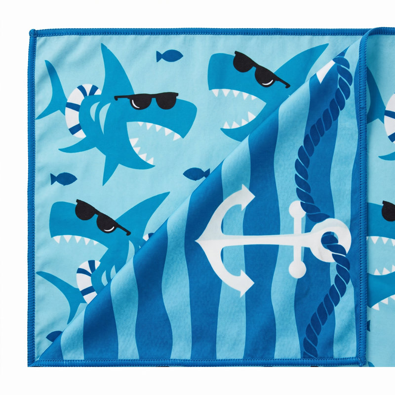 Reversible Microfiber Beach Towel for Kids - Quick Dry, Sand Free 28 x 58 inch - Fun Shark & Anchor Print Pool Towel for Boys