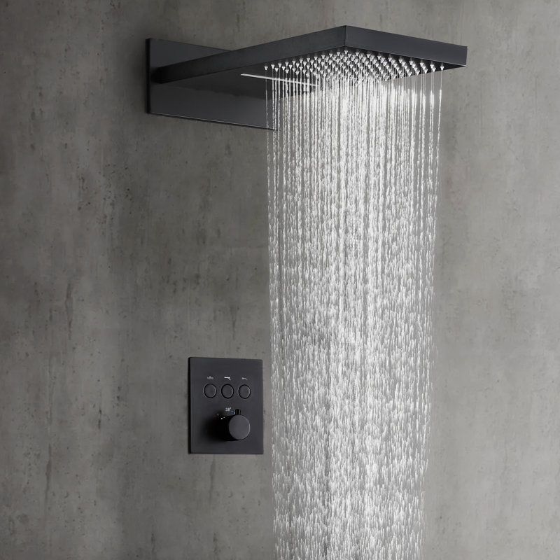 19.68"L*9.44"W 3 Functions Thermostatic Solid Brass Luxury Shower System with Rough-in Valve, Matte Black