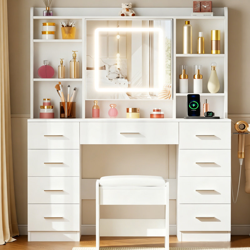Adriel Vanity Desk With Mirror And Lights, Makeup Table With 9 Drawers, Power Outlet & Stool