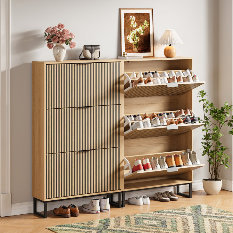 Mid-Century Modern 18 Pair 3-Tier Flip-Drawer Shoe Cabinet with Fluted Sticker Finish,Entryway Shoe Organizer, White