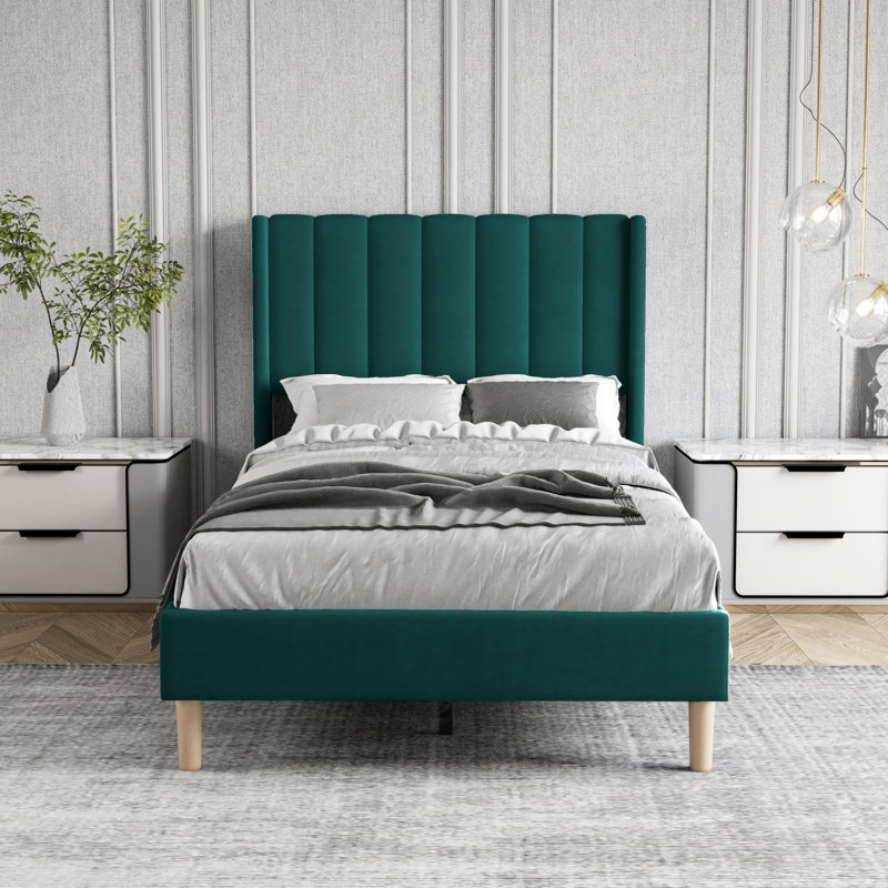 Upholstered Wingback Bed, Twin, Green