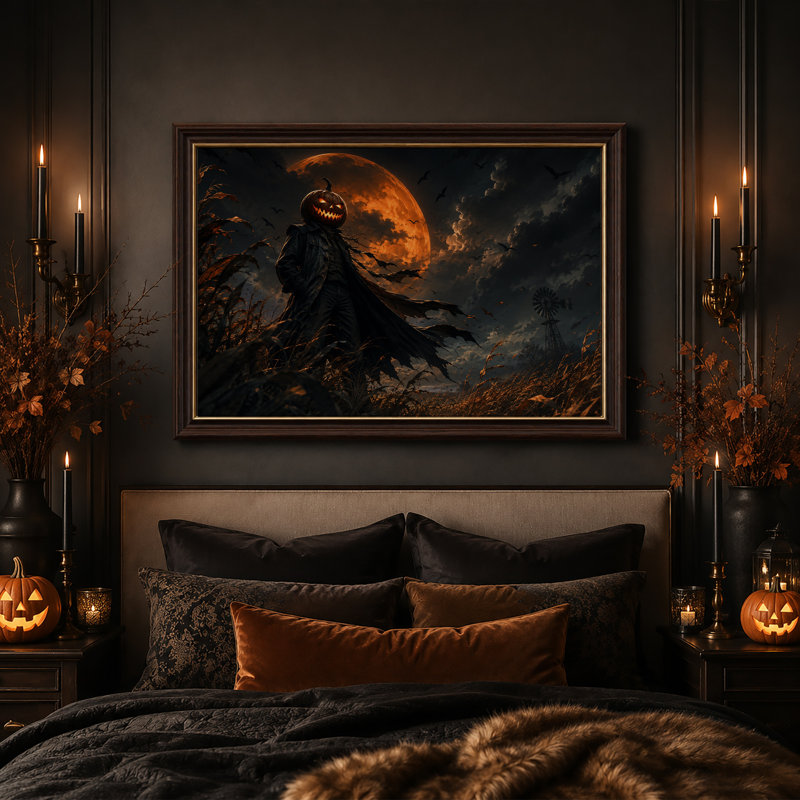 Épouvantail à tête de citrouille dans un champ de maïs sous une toile orange pour l'Halloween, 16"H x 24"W