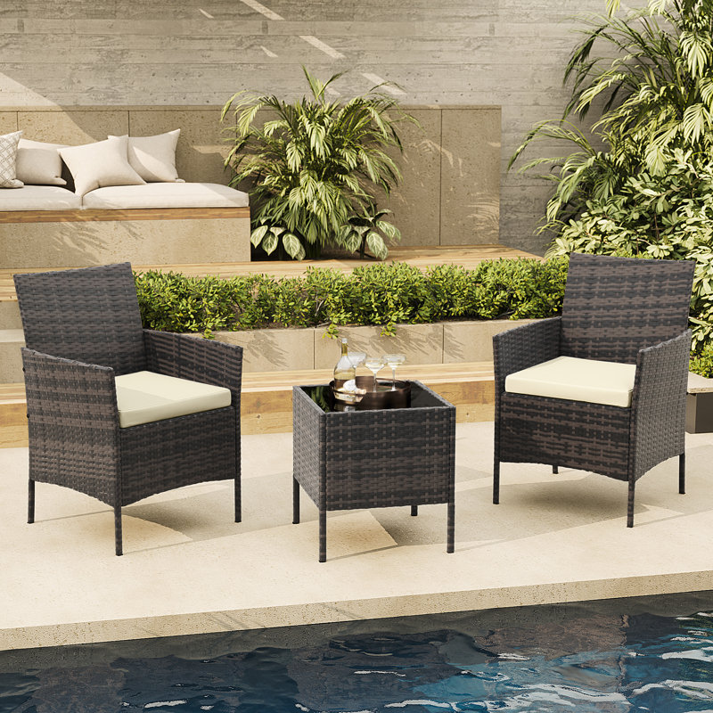 3-Piece Outdoor Patio Bistro Set,Brown Four-Strand Vine Rattan Wicker,2 Chairs with Soft Creamy-White Cushions & Coffee Table,For Backyard, Balcony, Porch,Brown Four-Strand Vine White Cushion