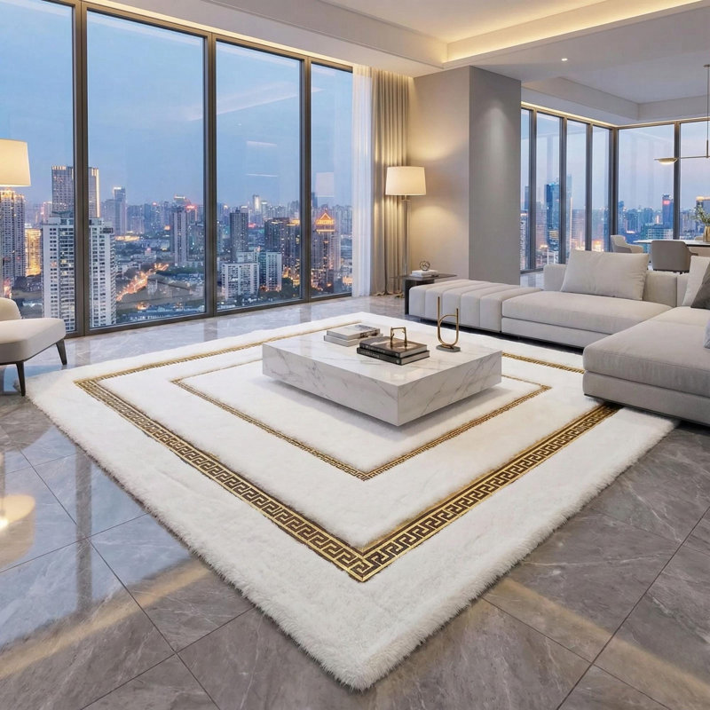 Tapis blanc et doré moelleux, tapis luxueux à bordure dorée, tapis en fausse fourrure moderne,, Rectangle 10 pi x 14 pi
