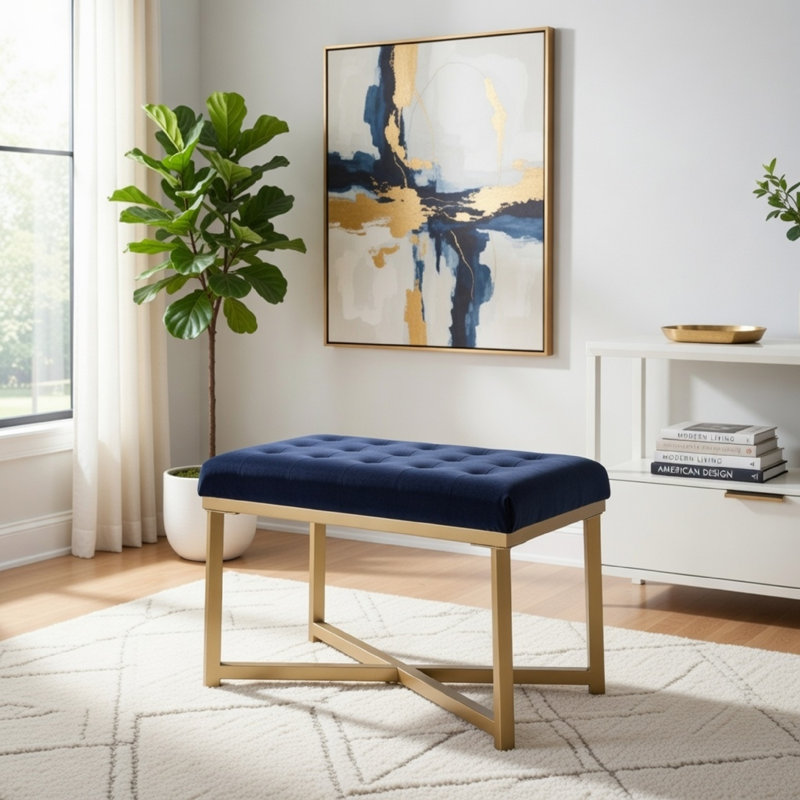 Hoffenden Velvet Upholstered Bench, Dark Navy