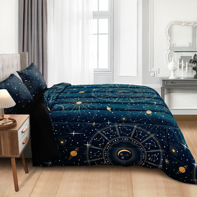 Sun and Moon Bed in a Bag Navy Blue Psychedelic Celestial Bedding Comforter Set King Size,Interplanetary Bedding Galaxy Comforter Set,Gothic Mystic Witchy Bedding for Room Decor