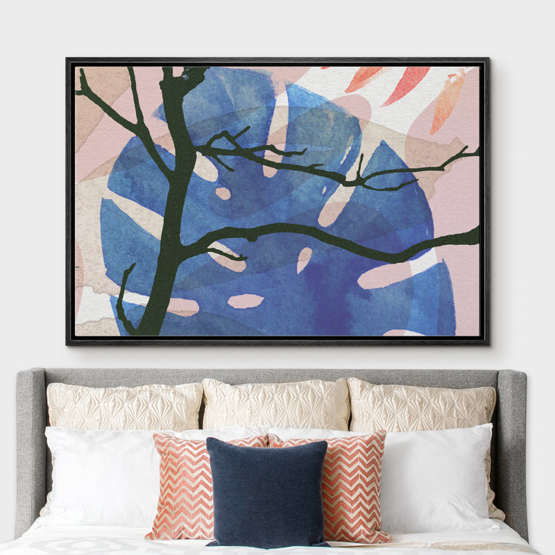 «Tree Silhouette And A Large Monstera Leaf», peinture sur toile à cadre flottant, H 24 po x l 36 po x P 1,5 po, Cadre noir