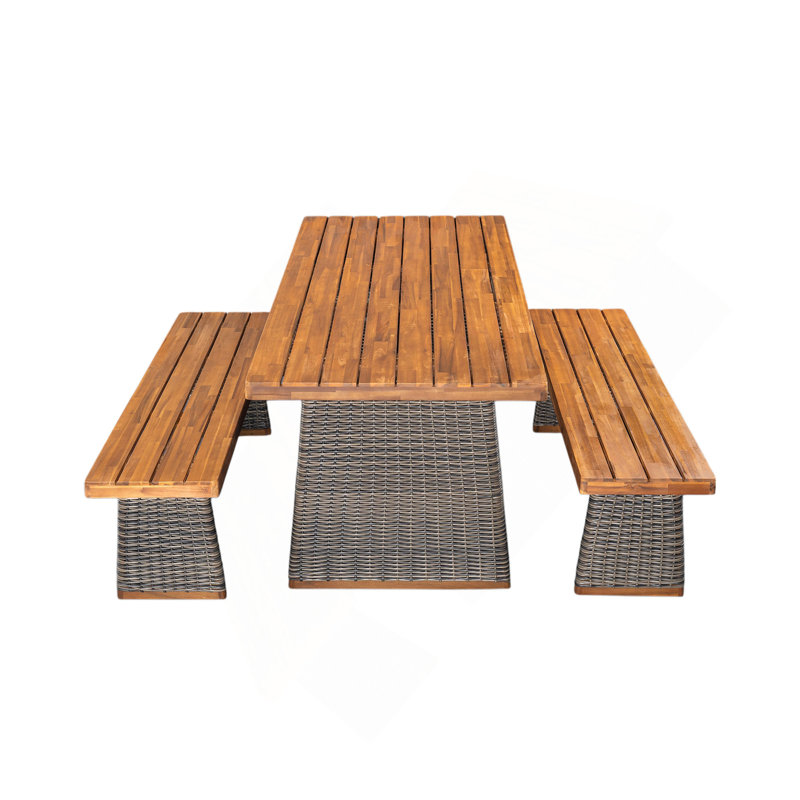Ensemble repas d'extérieur 3 pièces en bois d'acacia avec pieds en rotin tissé à la main, Teak/Gray