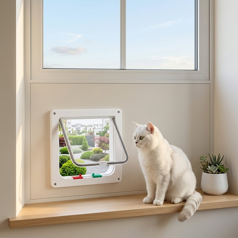 Porte pour chat verrouillable à 4 voies, taille extérieure 7,5 x 7,8 po, porte pour animaux résistante aux intempéries pour portes intérieures / extérieures, pour chats et chatons de moins de 15,75 po