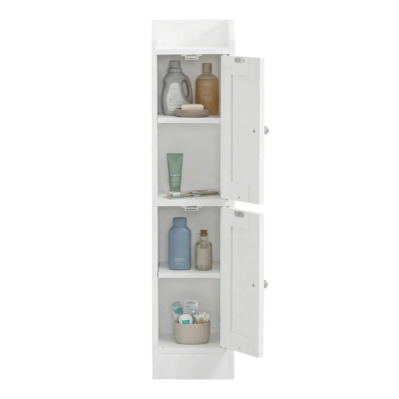 Slim Corner Floor Cabinet With Adjustable Shelves And Reversible Doors, Narrow Storage Organizer, Farmhouse, White