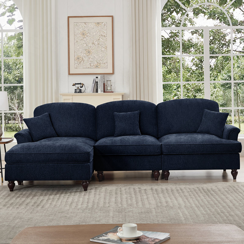 Mid Century Three Seater Modular L Shaped Sectional Couch with Flared Arms, Removable Ruffles Pleats Skirts, and Spindle Legs, Comfy Chenille 3-Seat Deep Seat Sofa with Movable Ottoman, Blue