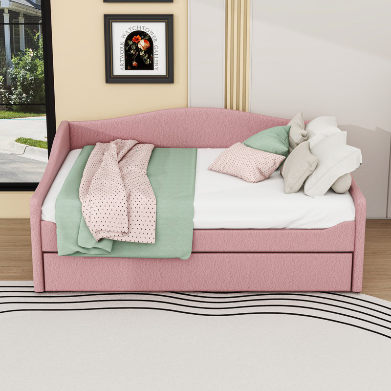 Upholstered Daybed with Trundle and LED Lights, Full/Double, Pink