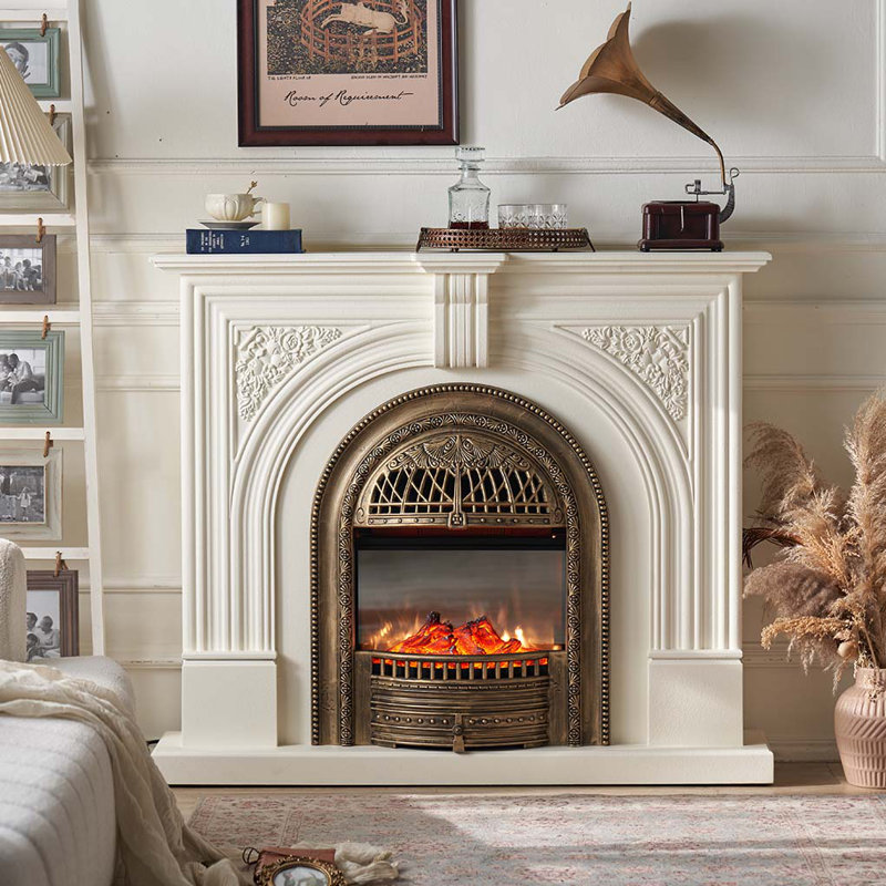 French-style Carved Heating Fireplace, Beige/Antique Brass