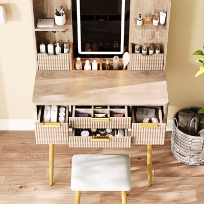 Bureau à 4 tiroirs avec miroir à DEL, accents cannelés et rangement pour bijoux, coiffeuse à miroir à tiroirs coulissants et à glissement en douceur jaune brun, poignées en métal, fabrication