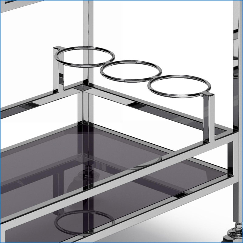 Chariot-bar 26,3 po moderne | Métal chromé argenté | Verre trempé noir | Tablettes en verre