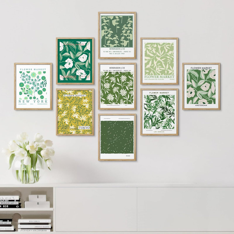 «Green Floral Flower Market», variété, nature sauvage, calme et bohème encadré sur papier, 9 pièces, Naturel