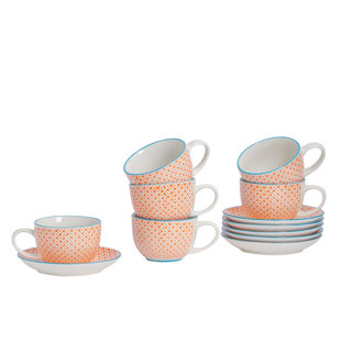 Nicola Spring - Hand-Printed Cappuccino Cup & Saucer - 250ml - Orange (Set of 12)