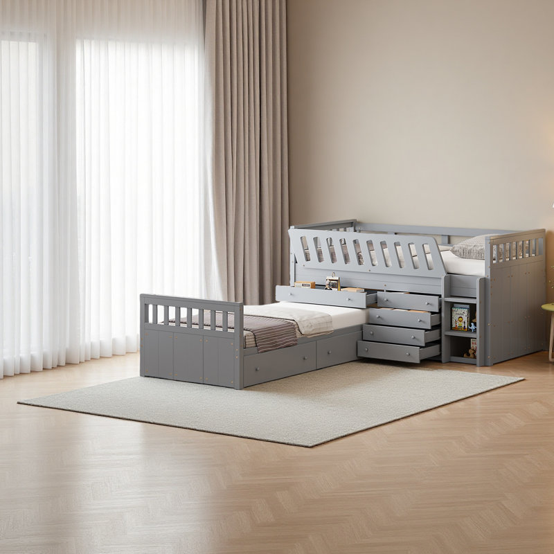 L-Shaped Space-Saving Twin Loft And Twin Platform Bed With 7 Drawers And Full Guardrails, Gray