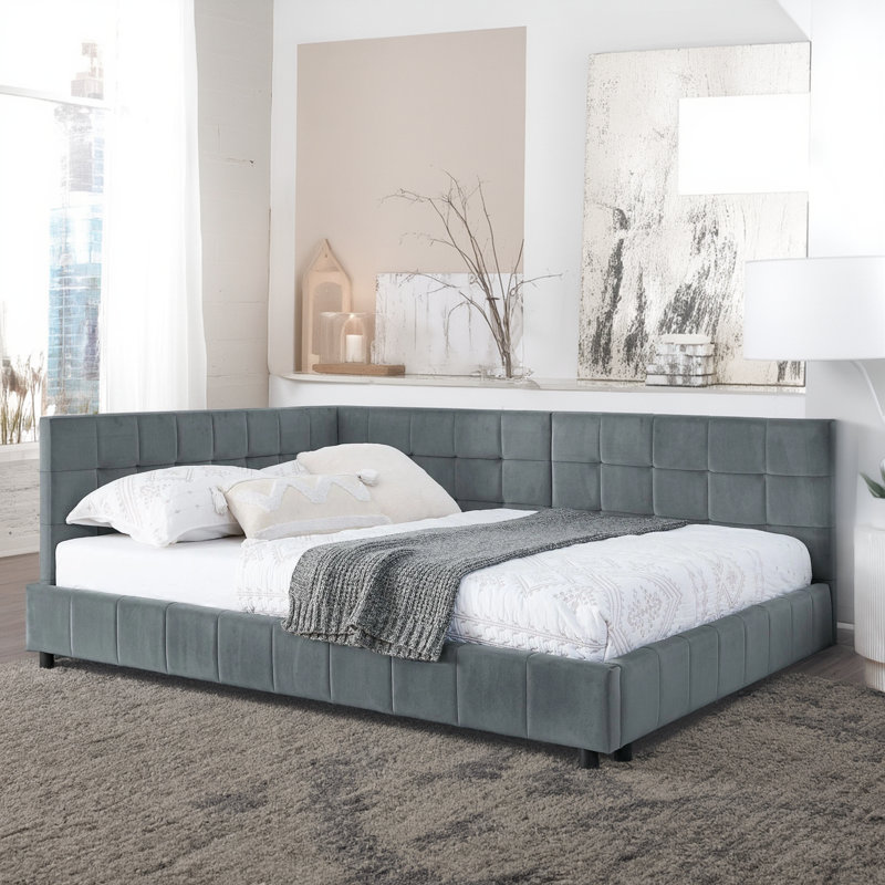 Full Size Velvet Upholstered Tufted Sofa Bed Frame With Backrest Armrests Sleeping Living Room, Gray
