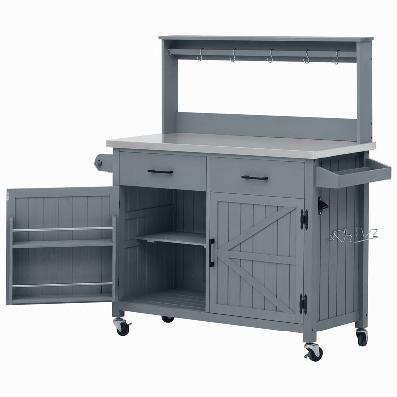 54.1" Outdoor Kitchen Island With High Shelf, Large Outdoor Potting Bench Table With Stainless Steel Top And Storage Cabinet, Solid Wood Grill Cart With Lockable Wheels For BBQ, Garden, Grey Blue