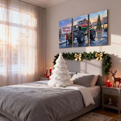 Christmas Christmas Toy Drive Monster Truck Scene Set of 3 Canvas Wall Art Prints