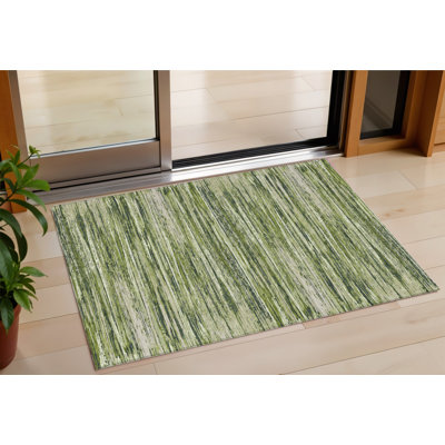 3' X 5' Olive Green And Ivory Striped Washable Indoor Outdoor Area Rug