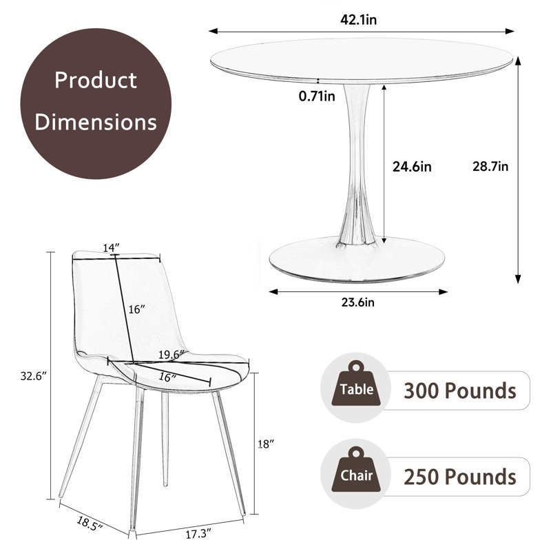 Ensemble de table ronde pour 4 (1 table + 4 chaises), Blanc, Blanc / blanc, H 28,7 po x L 42,1 po x l 42,1 po