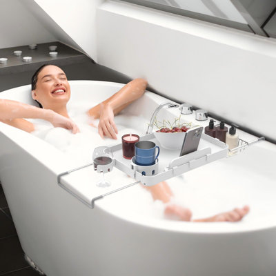 Plateau de baignoire, extensible avec 2 porte-gobelets, panier de douche en métal (blanc)