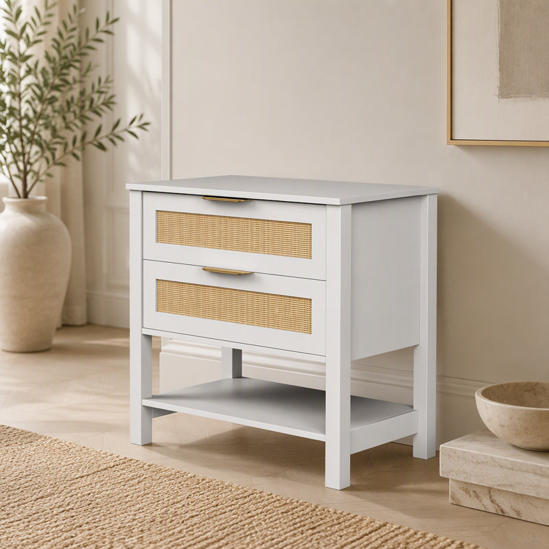 Table de chevet étroite en rotin avec 2 tiroirs et tablette de rangement Boho, White