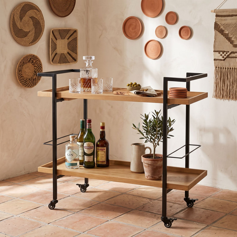 Chariot-bar avec tablettes roulantes et rabattables, Naturel