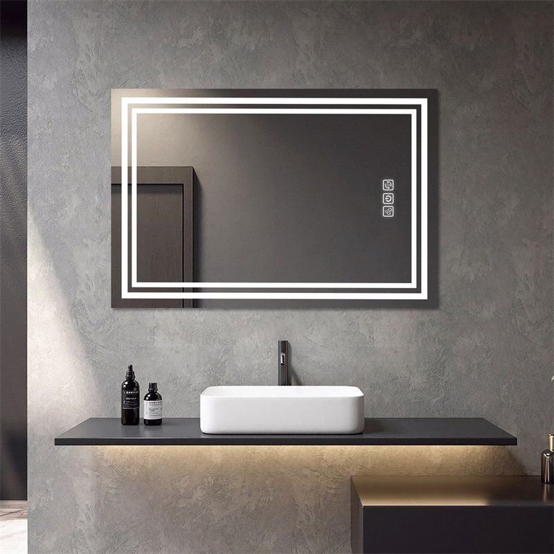 Lumière avant lumineuse pour miroir de salle de bain à DEL 40 po x 32 po, désembuage de 5 minutes, réflexion Full HD, 3 couleurs à intensité variable, fixation murale