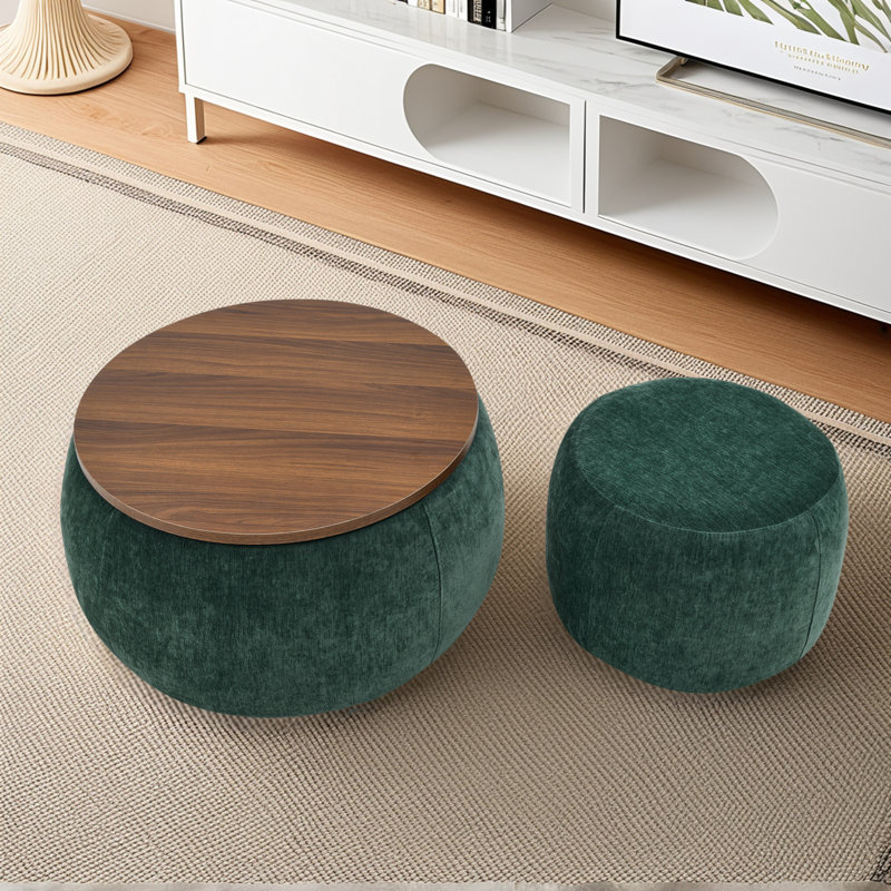 Round Storage Ottoman, 2 In 1 Function, Work As End Table And Ottoman,with Small Seat, Brown, Green