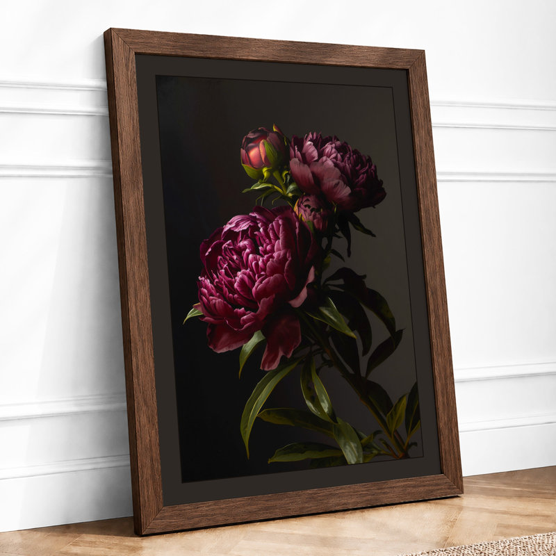 Burgundy Peonies Botanical - Framed Print, A4 - 29.7 x 21.0 cm, Walnut