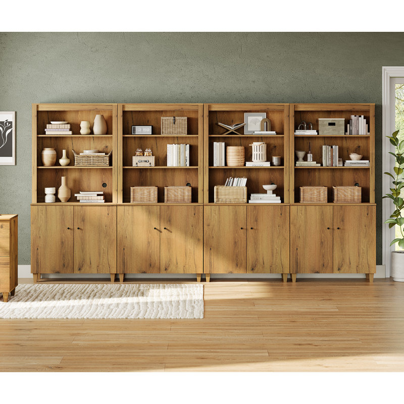 71 Inches Tall Bookcase With Doors, 5-Tier Bookshelf With Storage Cabinet For Home Office, Living Room, 142" Wide, 4 Column