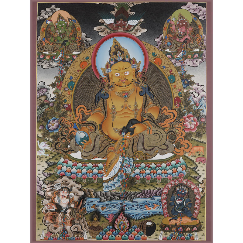 «Panch Kubera - dieu tibétain de la richesse en cinq aspects» peint à la main Thangka | Toile de coton H 35,8 po x l 25,6 po avec feuille d'or véritable 24 carats