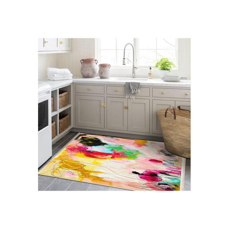 Oil Paint Look Multicolor Abstract Pattern Woven Base Decorative Machine Washable Rug, Rectangle 4'7" x 6'7" Rug Pad Included