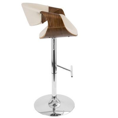 Mid-Century Modern Adjustable Barstool With Swivel In Chrome, Walnut And Cream Fabric By  - Set Of 2