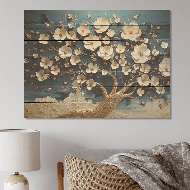 Orchidée bleue et blanche Golden Of Branches II - arbre sur bois, H 30 po x l 40 po x P 0,78 po