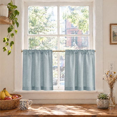 Natural Linen Back Tab Curtains for Kitchen Over Sink, Rod Pocket Short Drapes Light Filtering Sheer Farmhouse Window Valances Covering for Bedroom, 2 Panels.