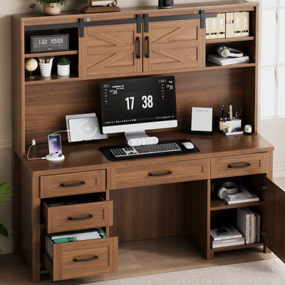 Farmhouse Executive Desk with Hutch and Charging Station, Computer Desk with 2 Sliding Barn Doors, 5 Drawers & Storage Cabinet with 3-Position Adjusta