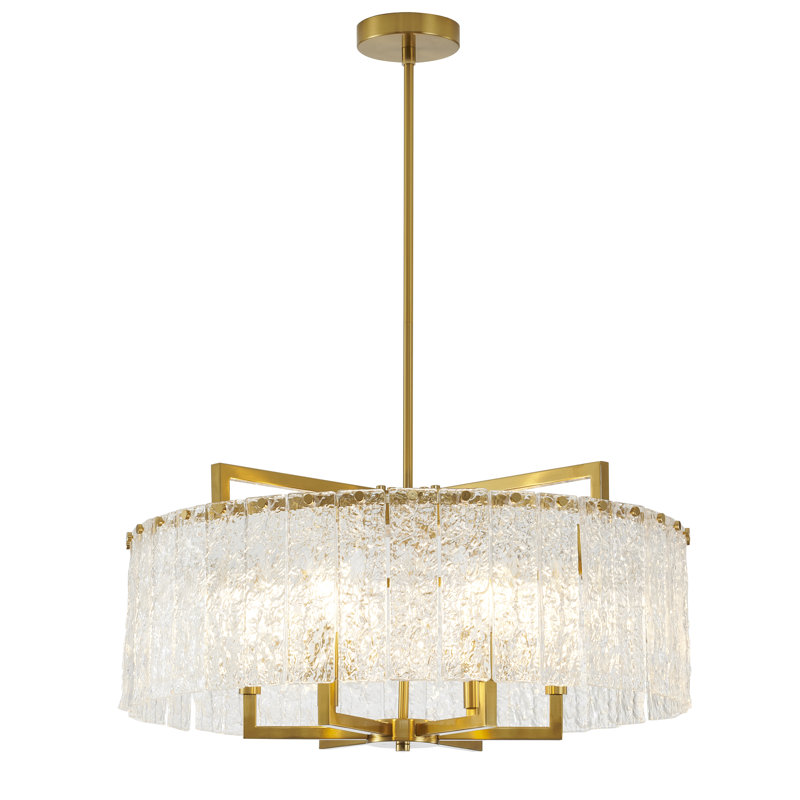 6-Light Brass Chandelier With Hanging Clear Rippled Glass, 24" H x 24" W x 24" D