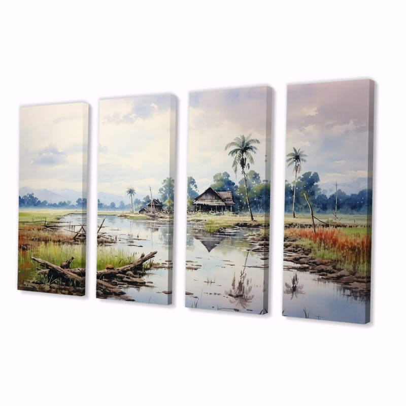 Indonésien sérénité, paysage tranquille - Indonésie, art mural 4 pièces, H 32 po x l 64 po