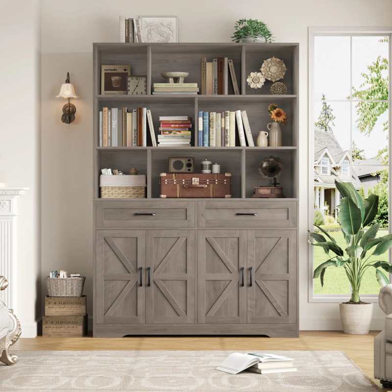 71'' H Bookcase With 2 Drawers, Rustic Gray