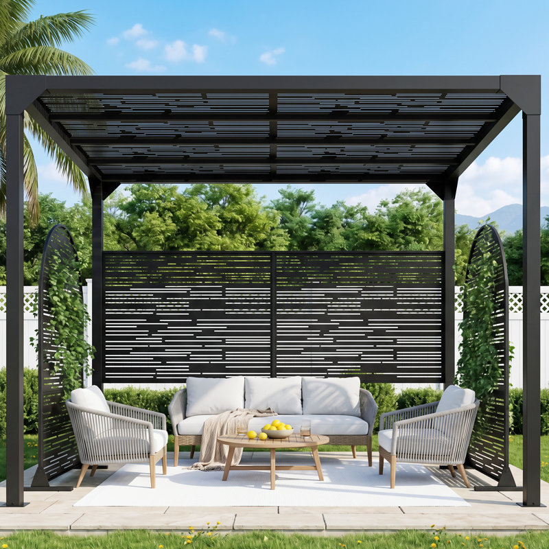 Ensemble de pergola rétractable d'extérieur 10 pi x 8 pi avec auvent pare-soleil et écrans d'intimité