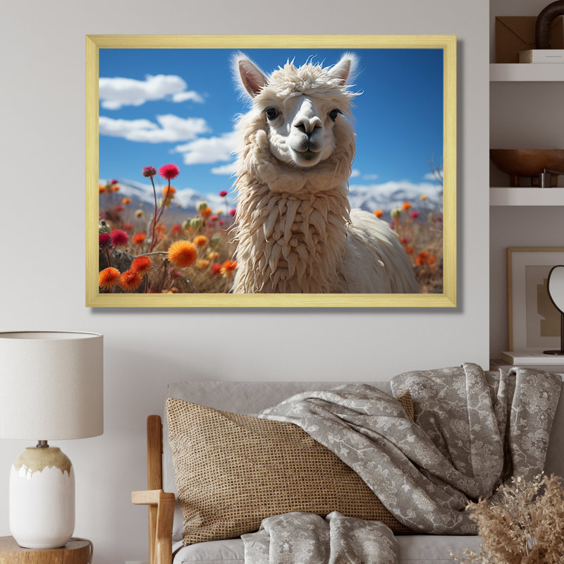 Beige noir lama dans un champ de fleurs, reproduction de photo sur toile, H 34 po x l 44 po x P 1,5 po, Cadre doré simple