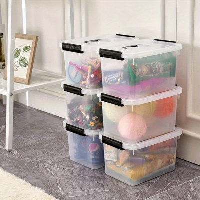 Paquet de 6 bacs de rangement empilables avec couvercles Snap-Lock sécurisés - Boîtes de rangement en plastique transparent, contenants robustes pour garde-manger / bureau / garage / cuisine, conception modulaire peu encombrante et base incassable