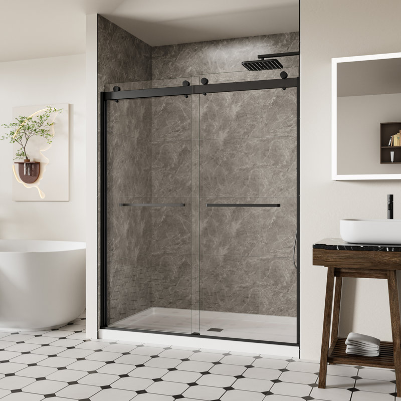 56-60" W X 74"H Glass Shower Door, Frameless Double Sliding Shower Door with Magnet, 5/16" (8mm) SGCC Clear Tempered Glass, Explosion-Proof Film Nano Coating, Matte Black