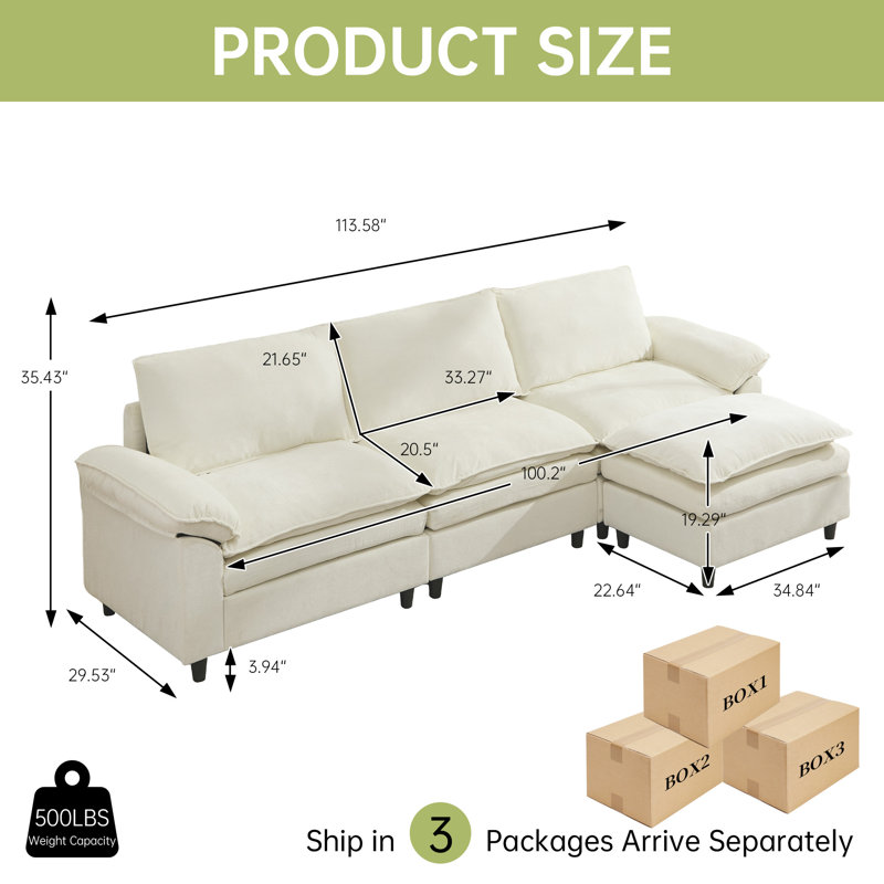 113.58" Chenille Upholstered Sofa, Comfy Cloud Couch with Ottoman, Beige