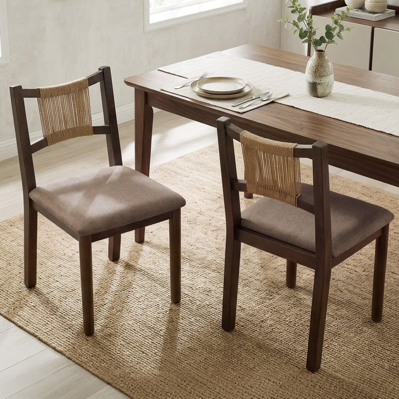 Hand-Woven Rope Dining Chair with Upholstered Seat, Brown